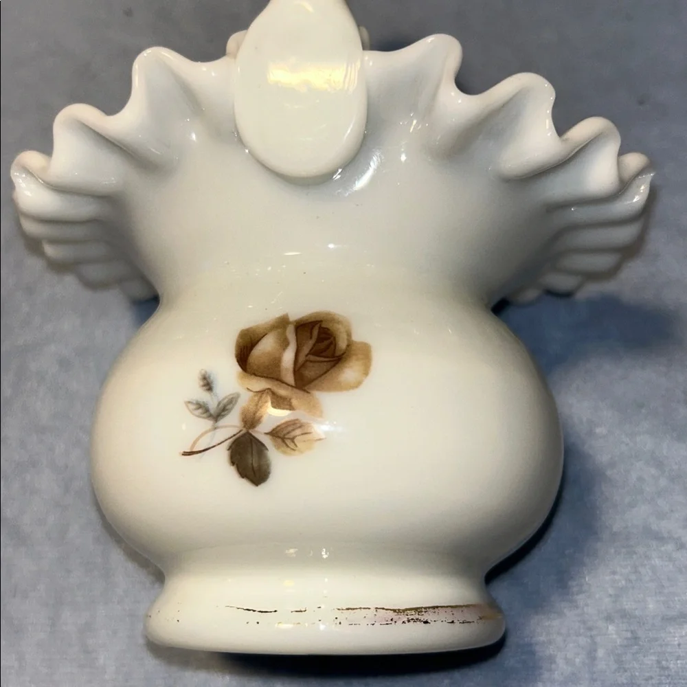 Fenton Hand Painted Rose Ruffle Basket White Glass Faded Gold Trim